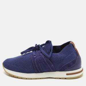 مملوكة مسبقًا Loro Piana 360 LP Flexy Walk Size 36 Blue Knit Fabric, Leather and Suede Lace Up Sneakers