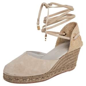 Pre Owned Loro Piana Beige Suede And Jute Wedge Ankle Wrap Espadrilles Size 36
