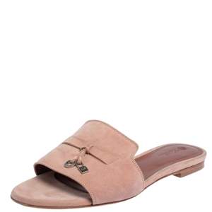 Loro Piana Beige Suede Charms Slide Sandals Size 38.5