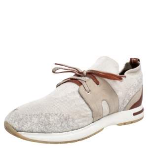 Pre Owned Loro Piana White/Brown Suede And Knit Fabric Lady Flexy Walk Sneakers Size 41