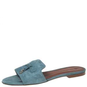 Loro Piana Blue Suede Summer Charm Flat Slides Size 40