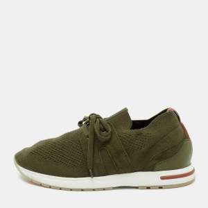 Pre Owned Loro Piana Olive Green Fabric And Suede Lace Up Sneakers Size 40