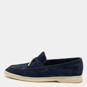 Pre Owned Loro Piana Navy Blue Suede Summer Charms Walk Loafers Size 38.5