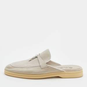 Pre Owned Loro Piana Grey Suede Babouche Charms Walk Mules Size 38.5