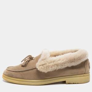 Pre Owned Loro Piana Beige Suede and Fur Fringe Bow Loafers Size 38