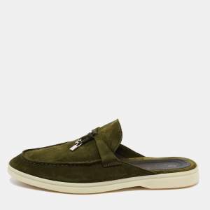 Loro Piana Army Green Suede Babouche Charms Walk Flat Mules Size 36