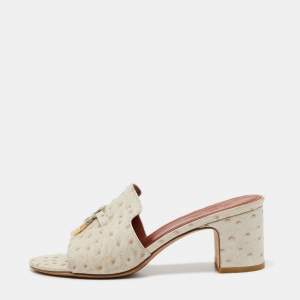 Loro Piana Off White Ostrich Embossed Leather Summer Charms Slide Sandals Size 40