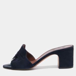 Loro Piana Navy Blue Suede Summer Charms Slide Sandals Size 38.5