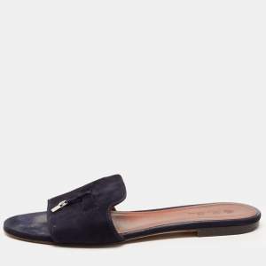 Loro Piana Navy Blue Suede Summer Charms Flat Slides Size 40
