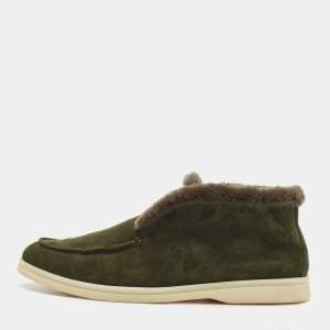Pre Owned Loro Piana Dark Green Suede and Shearling Fur Trim Open Walk Chukka Boots Size 38