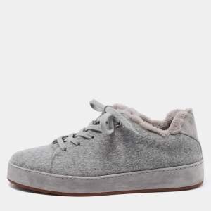 Pre Owned Loro Piana Grey Fabric and Fur Nuages Low Top Sneakers Size 38.5