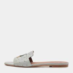 Loro Piana Grey Embossed Ostrich Leather Summer Charms Flat Slides Size 39