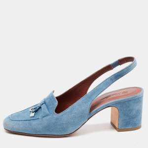 Loro Piana Blue Suede Summer Charms Slingback Sandals Size 37.5
