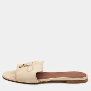 Loro Piana Beige Suede Summer Charms Flat Slides Size 39