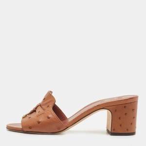 Loro Piana Brown Ostrich Summer Charms Slide Sandals Size 37.5