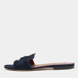 Loro Piana Navy Blue Suede Summer Charms Walk Slides Size 36