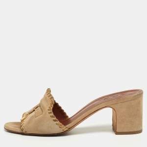 Loro Piana Beige Suede Charms Block Heel Slide Sandals Size 38.5