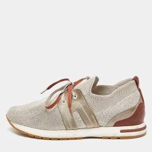 Loro Piana Grey/Brown Knit Fabric and Leather 360 LP Lady Flexi Walk Sneakers Size 37