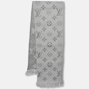 Pre Owned Louis Vuitton Pearl Grey Logomania Silk Wool Scarf