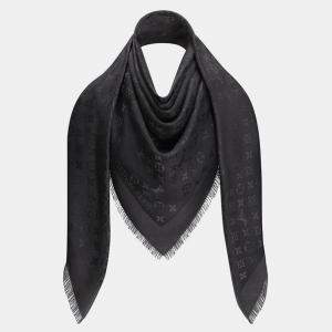Pre Owned Louis Vuitton Charcoal Grey Monogram Silk and Wool Shawl