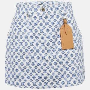 Louis Vuitton White Monogram Print Denim Leather Badge Detail Mini Skirt M
