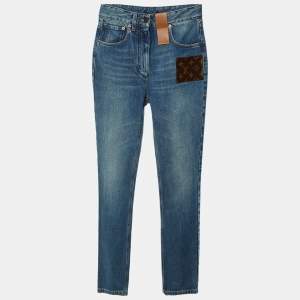 Louis Vuitton Blue Denim Monogram Patch High Waist Jeans S