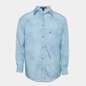 مملوكة مسبقًا قميص حرير طويل الأكمام لويس فيتون منقوش أزرق مقاس صغير - سمول