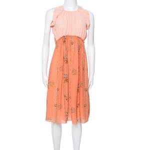 Louis Vuitton Peach Printed Silk Crepe Ruffled Day Dress S