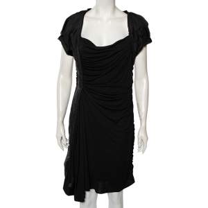 Louis Vuitton Black Jersey Ruffle Trim Ruched Dress L