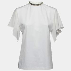 Louis Vuitton White Cotton Embellished Mock Neck Blouse M