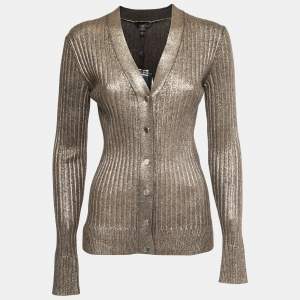 Louis Vuitton Gold Rib Knit Coated  Wool Cardigan S 