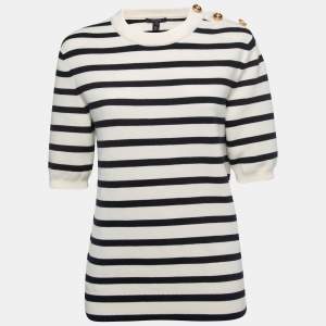 Louis Vuitton Off White Striped Wool Short Sleeve Sweater L