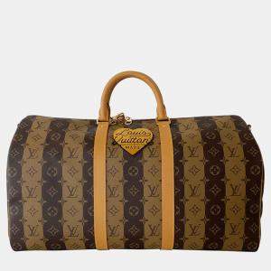 Louis Vuitton Virgil Abloh NIGO Brown Monogram Stripes Coated Canvas Keepall Bandoulière 50 Duffel Bag