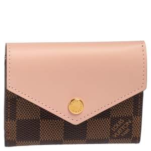Pre Owned Louis Vuitton Rose Ballerine Leather and Damier Ebene Canvas Zoe Wallet