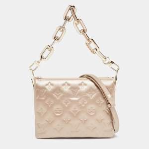 Pre Owned Louis Vuitton Gold Monogram Embossed Puffy Lambskin Coussin BB Shoulder Bag 