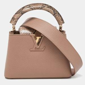 Pre Owned Louis Vuitton Taupe Leather and Python Capucines Mini Bag
