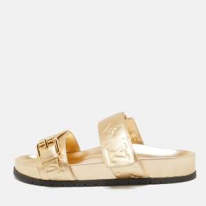 Louis Vuitton Gold Monogram Embossed Leather Bom Dia Slides Size 37