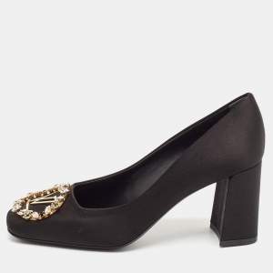 Pre Owned Louis Vuitton Black Satin Madeleine Block Heel Pumps Size 38