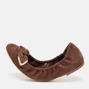 Louis Vuitton Brown Suede Leather Bow Knot Scrunch Ballet Flats Size 39