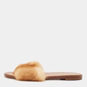 Louis Vuitton Pink Mink Fur Lock It Flat Slide Sandals Size 38.5