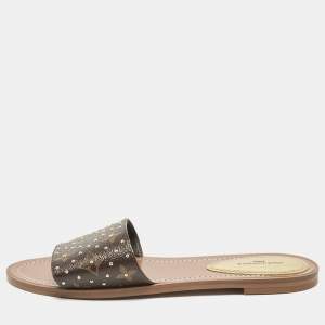 Louis Vuitton Monogram Canvas Studded Lock It Flat Slides Size 38.5