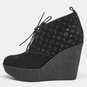 Louis Vuitton Black Monogram Suede Wedge Ankle Boots Size 36
