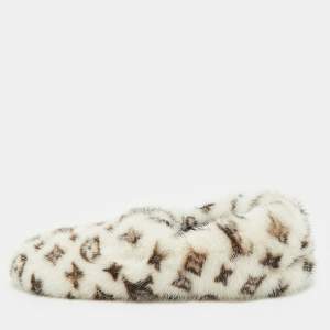 Louis Vuitton White/Brown Monogram Mink Fur House Slide Sandals Size 42