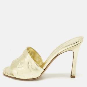Pre Owned Louis Vuitton Gold Monogram Embossed Leather Revival Slide Sandals Size 38