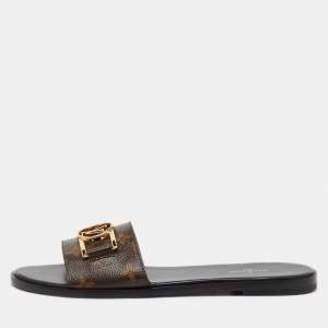 Pre Owned Louis Vuitton Brown Monogram Canvas Lock It Flat Slide Sandals Size 39