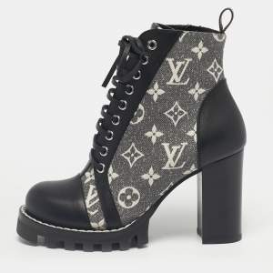 Pre Owned Louis Vuitton Grey/Black Monogram Denim and Leather Star Trail Ankle Boot Size 36