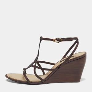 Pre Owned Louis Vuitton Brown Leather Ankle Strap Wedge Sandals Size 39