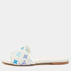 Pre Owned Louis Vuitton Revival Size 39 White/Blue Monogram Leather Flat Slide