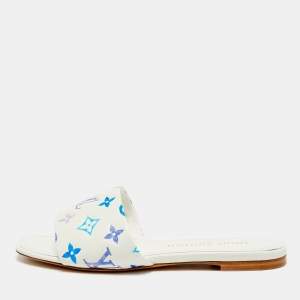 مملوكة مسبقًا Louis Vuitton Revival Size 38 White/Blue Monogram Leather Flat Slide