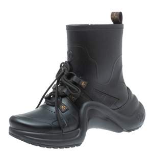 Pre Owned Louis Vuitton Black Matte Rubber Archlight Monogram Canvas Effect Trainer Boots Size 38 